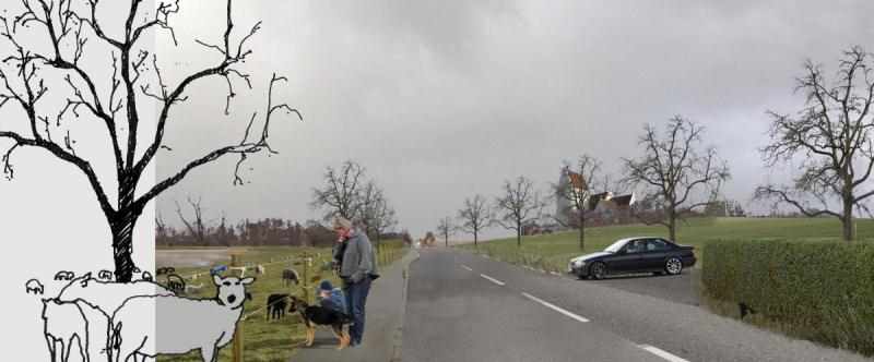 Vej i åbent landskab med håndtegnet træ og fåreflok